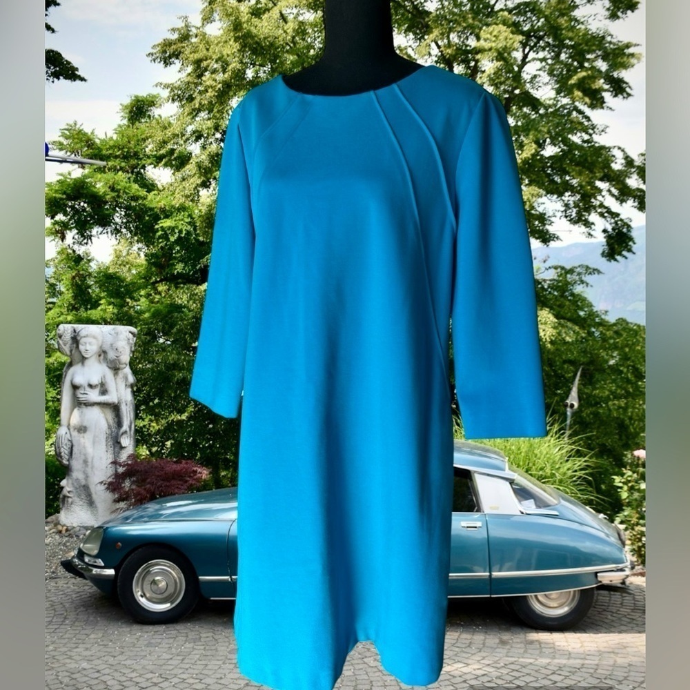 Antonio Melani Teal Sheath Dress 3/4 Sleeves Sunburst Detail 12 Modest Jackie O